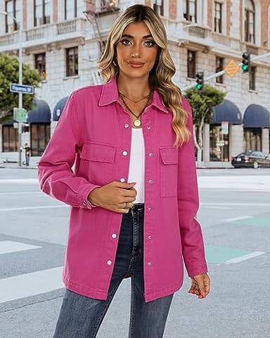 luvamia 2025 Spring Jean Jackets for Women Fashion Oversized Button Down Denim Jacket Western Shacket with Pockets Hot Pink Size Large US Size 12 14 - Image 3