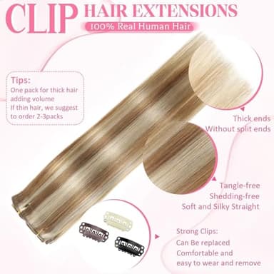 Clip in Hair Extensions Real Human Hair, Seamless Clip ins Real Human Hair for Women, Remy Human Hair Clip in Extensions, Double Weft 8pcs 16 inch Light Blonde Highlighted Golden Blonde - Image 3