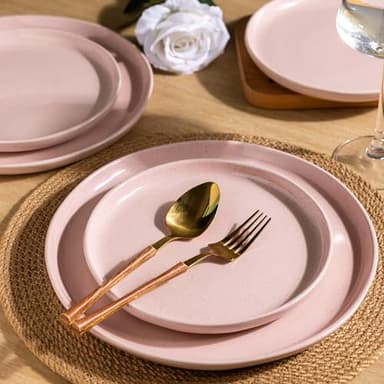 AmorArc Ceramic Dinnerware Sets for 4, 12 Pieces Handpainted Plates and Bowls Set with Rustic Terracotta Underside, Scratch Resistant Stoneware Dishes Set, Dishwasher & Microwave Safe, Cloud Pink - Image 5