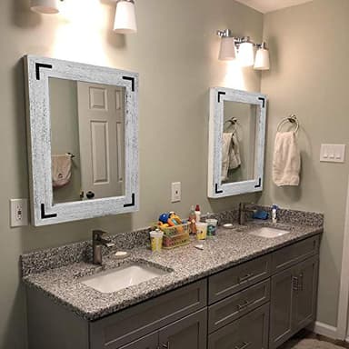YOSHOOT Rustic Wooden Framed Wall Mirror, Natural Wood Bathroom Vanity Mirror for Farmhouse Decor, Vertical or Horizontal Hanging, 32" x 24",White Grey - Image 6