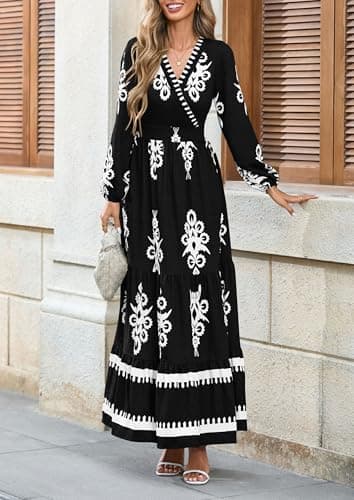 PRETTYGARDEN Women's 2025 Fall Wedding Guest Dresses Boho Floral Long Sleeve V Neck Flowy Elegant Maxi Dress Beach Clothes (Floral Black White,Large) - Image 8