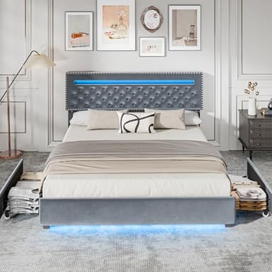 BedsPick Queen Size Bed Frame with LED Lights, Velvet Upholstered Platform Queen Bed Frame with 2 Storage Drawers and Adjustable Headboard, No Box Spring Needed Queen Bedframe, Noise Free, Light Grey - Image 3