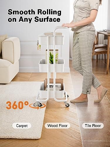 Pipishell 3 Tier Rolling Cart with Table Top, Utility Cart with Wheels & 4 Hooks, Rolling Storage Cart for Home Storage and Organization, White, PIUC09W - Image 6