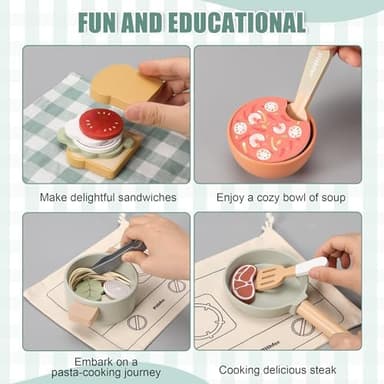 Wooden Play Cooking Set, Pretend Play Kitchen Accessories Toys Set for Kids Toddlers, Including Play Dishes, Pot and Pan, Utensils, Gifts for 3 4 5 Years Old Girls Boys - Image 5