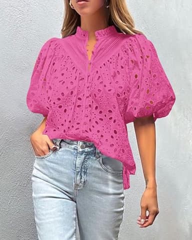 PRETTYGARDEN Women's Summer Tops 2025 Dressy Casual Short Sleeve V Neck Buttons Hollow Out Lace Embroidered Blouses Shirts (Rose Pink,Small) - Image 4