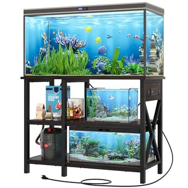 YITAHOME 40-50 Gallon Fish Tank Stand with Power Outlet, 40x18 Inch Metal Aquarium Stand with 3-Tier Adjustable Storage Shelves and Hooks, 700LBS Capacity, Black - Image 1