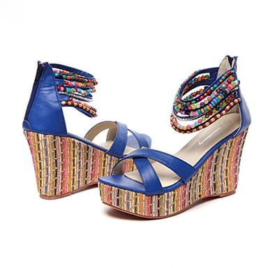 getmorebeauty Women's Navy Blue Weave Wedge With Pearls Across The Top Platform High Heels 10 US - Image 5