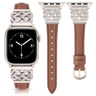 TOYOUTHS Compatible with Apple Watch Bands Women 42/44/45/46/49mm Dressy Slim Leather Strap with Celtic Knot Interlock Buckle for iWatch Band Series 11 10 9 8 7 6 5 4 SE/Ultra 3 2 1, Brown/Starlight - Image 1