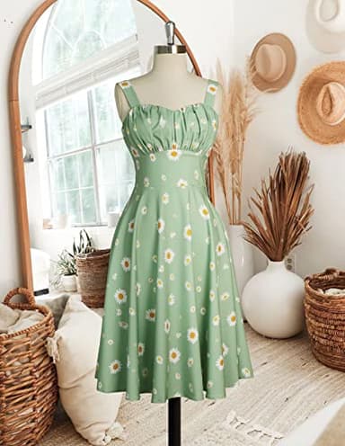 Women's Vintage Summer Floral Sage Green Dress Sleeveless Ruched A Line Flare Dresses Beach Sundresses Daisy Dress M - Image 4