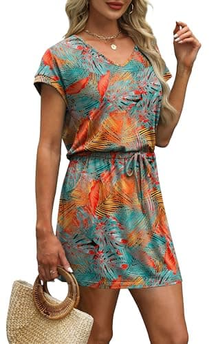 Hawaiian Dresses for Women Flower 2025 Loose V Neck Tie Waist Beach Dress Sundresses Resort Wear Floral M - Image 4
