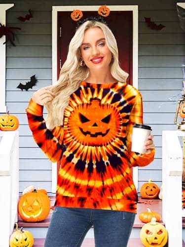 Deerose Women's Halloween Jack O Lantern Sweatshirt Long Sleeve Pumpkin Printed Tops Casual Funny Blouse L - Image 6