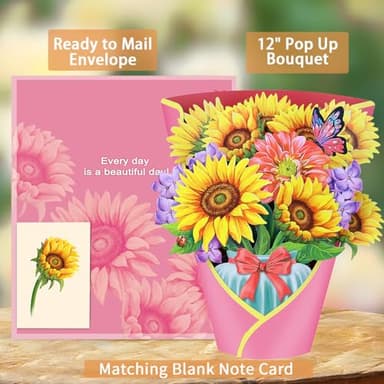 Airpark Pop Up Flower Card, 3D Paper Flowers Bouquet – Sunflowers, Birthday, Mother’s Day, Teacher Appreciation, Get Well Greeting Cards with Note Card & Envelope - Image 3
