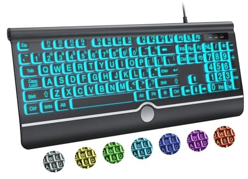 KOPJIPPOM Large Print Backlit Computer Keyboard, USB Full Size Wired Keyboards with 7-Colors Backlight, Wrist Rest, Light Up Keyboard for Windows, PC, Laptop - Easy to See, Easy to Setup - Image 1