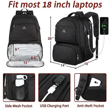 MATEIN Lunch Backpack for Men, 18 Inch Large Insulated Backpack Cooler with USB Charging Port, Water Resistant Laptop Back pack with Lunch Box Bag for Work Travel Business College Picnic, Black - Image 5