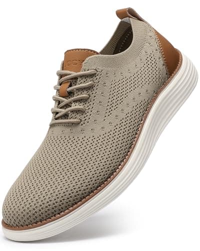 VILOCY Men's Casual Dress Sneakers Oxfords Business Shoes Lace Up Lightweight Comfortable Breathable Walking Knit Mesh Fashion Sneakers Tennis Khaki,EU43 - Image 1