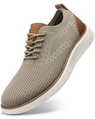 VILOCY Men's Casual Dress Sneakers Oxfords Business Shoes Lace Up Lightweight Comfortable Breathable Walking Knit Mesh Fashion Sneakers Tennis Khaki,EU43 - Image 1