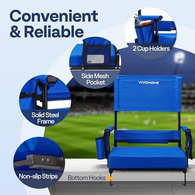 VIVOHOME Height Adjustable High Back Stadium Seats with Back Support and Cushion, 2 Pack Portable Bleacher Chairs with Cup Holder and Shoulder Strap, Blue - Image 5
