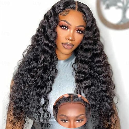 Bugtum Glueless Wigs Human Hair Pre Plucked Pre Cut 5x5 Hd Lace Closure Wear and Go Deep Wave Curly Lace Front Wigs for Black Women Wet and Wavy Natural Hairline (22 Inch) - Image 1