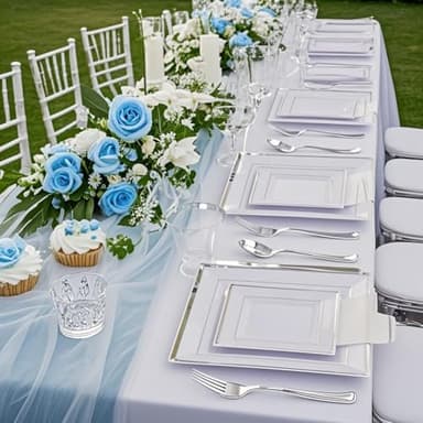 Festiva 350Pcs Silver Plates - Silver Square Plastic Plates 9 .5" and 6" - serve for 50 guests include 50 Cups 50Plastic Cutlery 50Hand Napkins Perfect for Party&Wedding&Birthday&Christmas - Image 6