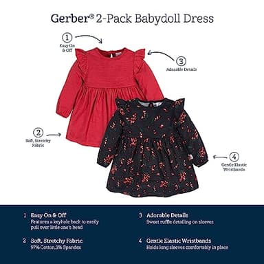 Gerber Baby Girls' Toddler 2-Pack Long Sleeve Dresses, Black Holly Berries, 0-3 Months - Image 6