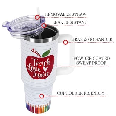 Teacher Appreciation Gifts 40oz Tumbler with Handle and Straw Lid,Teacher Gifts Vacuum Insulated Leak Proof Tumbler Teacher Gifts for Women,Best Teacher Gifts Stainless Steel Travel Mug ,Red Apple - Image 3