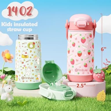 Fimibuke Kids Insulated Water Bottle with Straw Lid & Handle - 14oz BPA FREE 18/8 Stainless Steel Metal Tumbler Leak Proof Double Wall Vacuum Kids Cup Toddler Water Bottle for School Boys Girls - Image 3