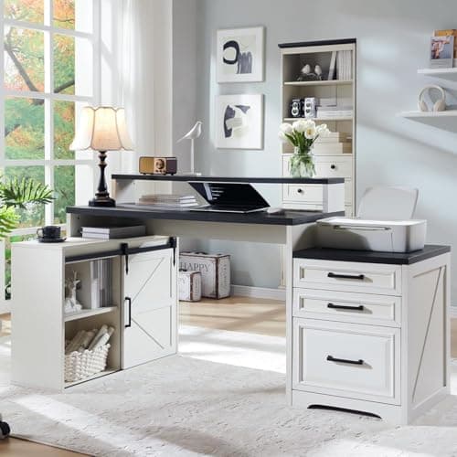 JXQTLINGMU Home Office Desk, Modern Farmhouse Computer Desk with File Cabinet Letter T4 F4 Legal, Study Writing Desk, 67 Inch, Off White - Image 1