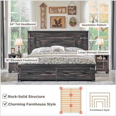 T4TREAM Farmhouse Queen Size Bed Frame with 54" Tall Geometric Headboard & 2 Large Storage Drawers, Rustic Wood Platform Bed with Wood Slats Support, No Box Spring Needed, Dark Rustic Oak - Image 8