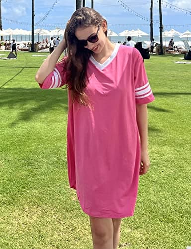 Ekouaer Womens Nightgown Cotton Sleepwear Short Sleeve Sleep Shirt V Neck Color Block Nightshirt M Hot Pink - Image 2