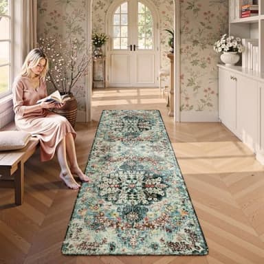Lahome Bohemian Floral 2'8" x 8' Washable Hallway Runner Rug, Non Slip Kitchen Carpet Runners, Turkish Soft Pet Friendly Stair Mat for Bathroom Laundry Room Sunroom, Teal - Image 2
