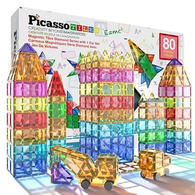 PicassoTiles 80 Pieces Magnetic Building Tiles Magnet Toys Diamond Educational Playset for STEM Sensory Gifts Kid Brain Development Stacking Blocks Construction Set - Image 1