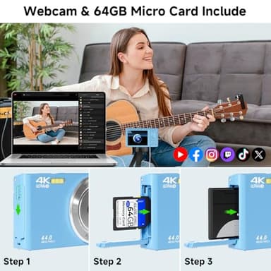 Digital Camera, FHD 4K Digital Camera with 64GB SD Card, 44MP Digital Point and Shoot Camera, 16X Digital Zoom, Anti Shake, 3-LED Fill Lights, Compact Camera for Kids Teen Boys Girls, Blue - Image 6