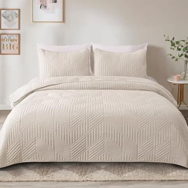 Exclusivo Mezcla Ultrasonic Full Queen Quilt Bedding Set, Lightweight Brich Beige Bedspreads Soft Modern Geometric Coverlet Set for All Seasons (1 Quilt and 2 Pillow Shams) - Image 2