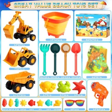HUITEM Beach Toys for Kids, Sand Toys with 2 Collapsible Beach Bucket,3 Dump Truck,2 Sunglasses,Ocean Molds,Sandbox Shovel,2 Mesh Bag Sand Castle Building Kit Travel Beach Essentials for Toddler 3-10 - Image 8
