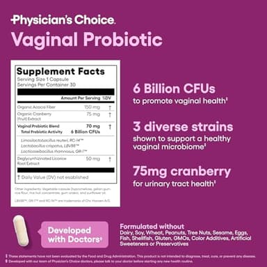 Physician's CHOICE Vaginal Probiotics for Women - pH Balance, Odor Control, Yeast Balance, Vaginal Flora, Moisture, Feminine Health - 6B CFU with Organic Prebiotics and Cranberry Extract - 30 CT - Image 6