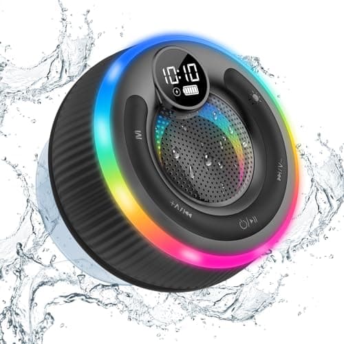 Ddidbi Bluetooth Speaker, HD Stereo Sound Shower Speaker, IPX7 Waterproof, Digital Display Portable with Suction Cup, LED Light, Small Wireless for Outdoor Party Beach Bathroom, Black
