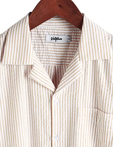 VATPAVE Mens Striped Summer Shirt Casual Button Down Short Sleeve Beach Shirts Cotton Linen Shirts for Men X-Large Khaki - Image 4