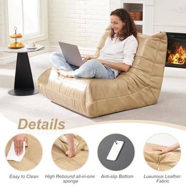 Hobestluk Giant Bean Bag Chair Lazy Floor Sofa, Memory Foam Fireside Sofa for Adults, Big Beanbag Faux Leather Armless Chair for Living Room Bedroom Dorm Office (Khaki, Single) - Image 6