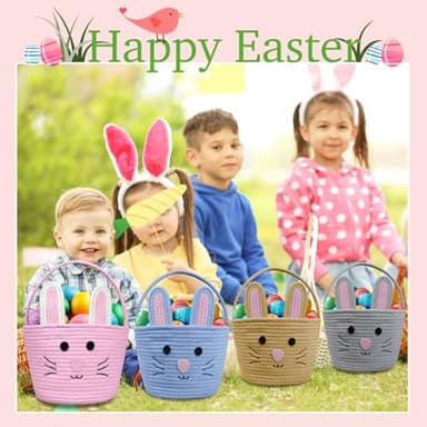 Brbecon Easter Bunny Basket for Kids with Name Tag, Pink Small Woven Easter Basket for Girls, Easter Egg Hunt Baskets Bags Easter Gifts Basket for Girls Baby Kids Children 9.8 x 7.8 x 7.8" - Image 3