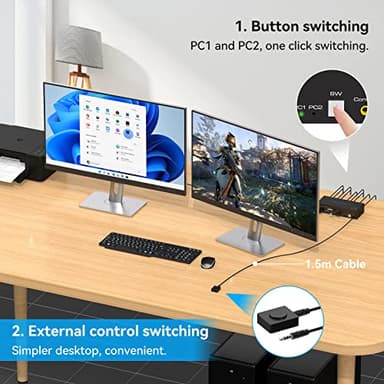 ATLAHET Displayport KVM Switch 2 Monitors 2 Computers 8K 60Hz 4K 120Hz Dual Monitor USB 3.0 KVM Switches for 4 USB Devices, Wired Extension Button,12V DC Adapter and USB3.0 Cables - Image 5