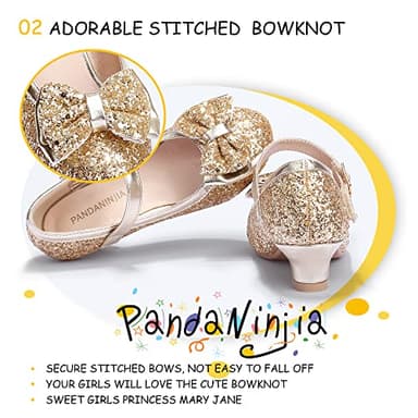 PANDANINJIA Girls Dress Shoes Toddler Heels Ruby Bow Mary Jane Low Heels Flower Girl Party Pumps Wedding Princess Shoes for Toddler/Little Kid/Big Kid (Gold Sequin, 1 M US Little Kid) - Image 3