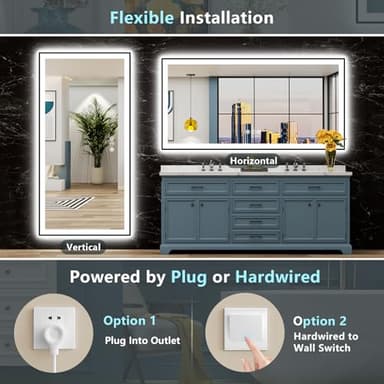 AWANDEE 72x40 Black Framed LED Bathroom Mirror with Lights, Backlit + Front Lit, Anti-Fog Lighted Vanity Mirror for Bathroom Wall with 3 Colors, Stepless Dimmable, Memory, Tempered Glass, ETL Listed - Image 7