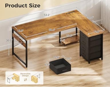 Casaottima 53'' L Shaped Desk with Drawers, Reversible Computer Desk with Storage, Gaming Table with Power Outlets, USB Ports, PC Case Shelf, Corner Desk for Home Office, Easy Assembly, Vintage - Image 3