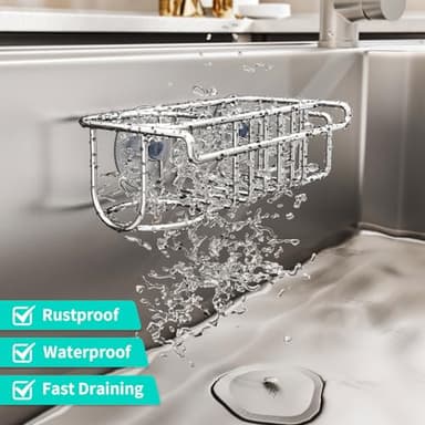 HapiRm 4 in 1 Sink Caddy Sponge Holder, SUS304 Stainless Steel Kitchen Brush Holder + Dish Cloth Hanger + Soap Rack + Sink Stopper Rack + Sponge Caddy for Kitchen - Silver - Image 5