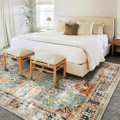 CHAMPLANT Area Rug 9'x12' Washable Vintage Traditional Mat Distressed Indoor Foldable Thin Retro Accent Floral Print Non Slip Carpet for Living Room Dining Room Office - Image 2