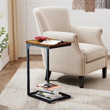 QEEIG C Table Side Table Set of 2 Living Room Sets C Shaped Couch Tray End Tables Farmhouse, Rustic Brown (017-30BN) - Image 2