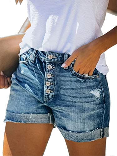 Angerella High Wasted Shorts Women Ripped Folded Hem Distressed Button Fly Denim Jean Shorts Blue XL - Image 2
