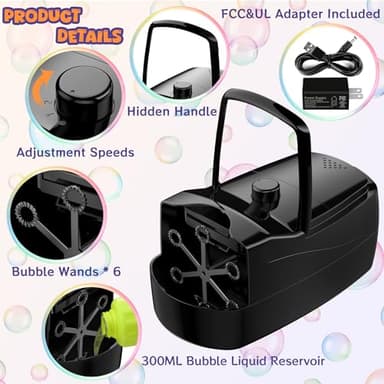 Bubble Machine, Automatic 18000+ Per Minute Big Bubbles Blower Maker for Kids Toddlers with 2 Speeds,6 Wands,Operated by Plugin or Batteries for Outdoor/Indoor Birthday Parties,Wedding (Black) - Image 7