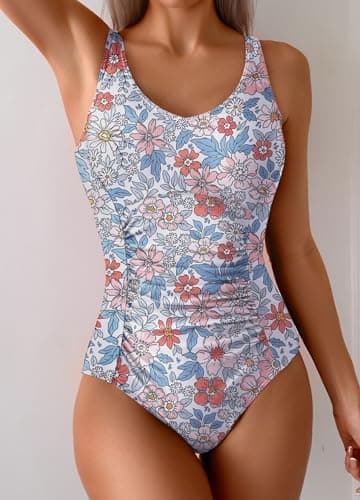 Aidonger One Piece Swimsuit Tummy Control Bathing Suit for Women Ruched Slimming Swim Suit Modest Push Up Swimwear Orange Floral - Image 4