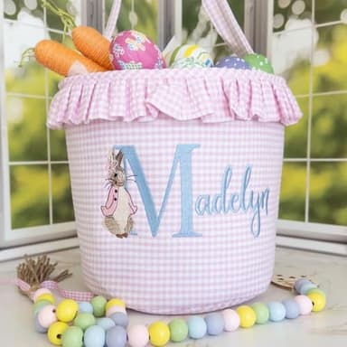 Personalized Easter Basket for Kids - Embroidered Bunny Nursery Storage Tote, Custom Easter Basket in pink/blue plaid, Easter Egg Hunt Bucket - Image 3